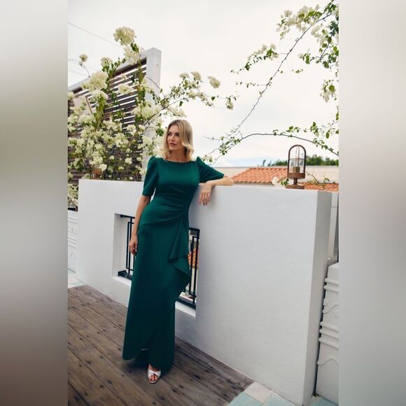 NWT XSCAPE | Hunter Green Demi 3/4 Sleeve Side Ruched Floor Length Gown 14 - Picture 5 of 14